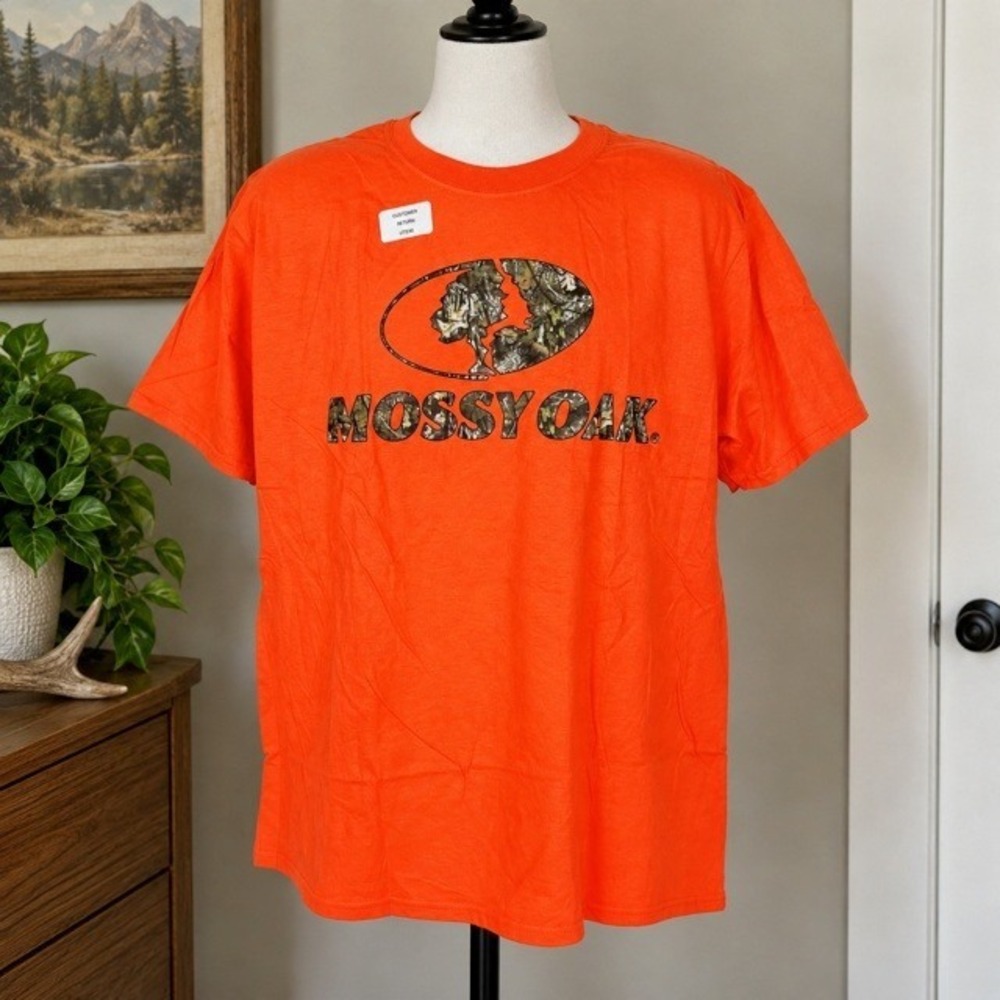 Mossy Oak T Shirt Mens Large Blaze Orange Camo Logo Hunting Outdoor Graphic Tee